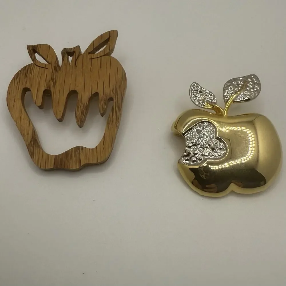 Lot Two Apple Brooch Pins Gold Tone Silver Tone Wood Teacher